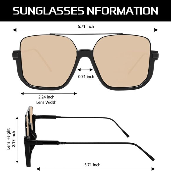 Retro Oversized Aviator Sunglasses for Women Men Square Semi-Rimless Sun Glasses - Picture 4 of 9
